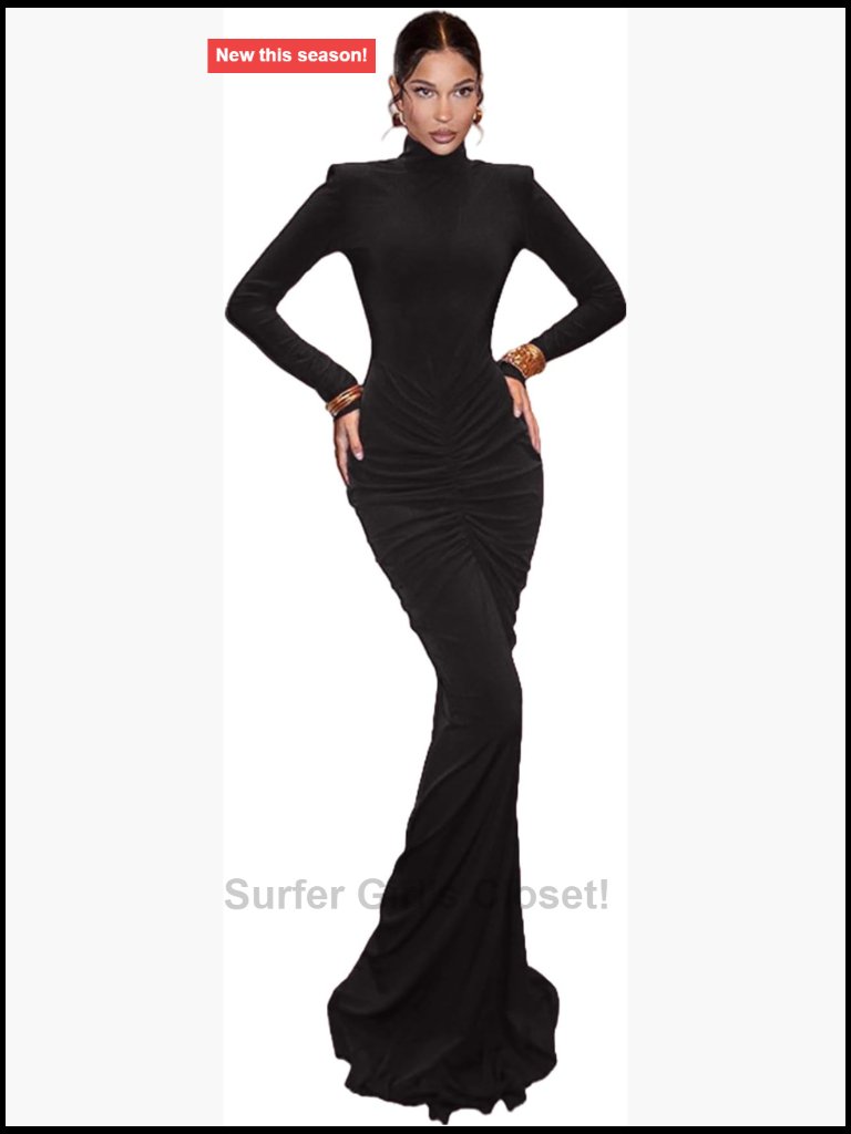 Elegant Long Sleeve Pleated Maxi Dress High Neck Bodycon Mermaid With Shoulder